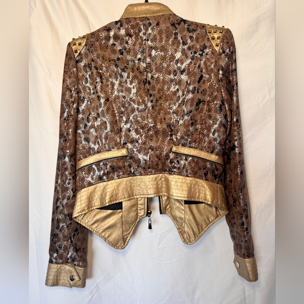 Animal Print Brown and Gold Studded Leather Jacket - Picture 4 of 8